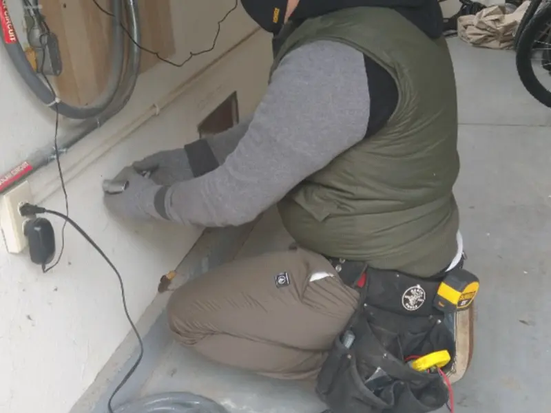 Electrician performing outlet wiring in a Monroeville garage